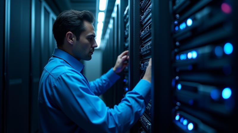Tecnico che lavora su server di rete in un data center