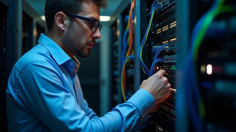 Tecnico che esegue manutenzione su infrastruttura di rete con cavi e server