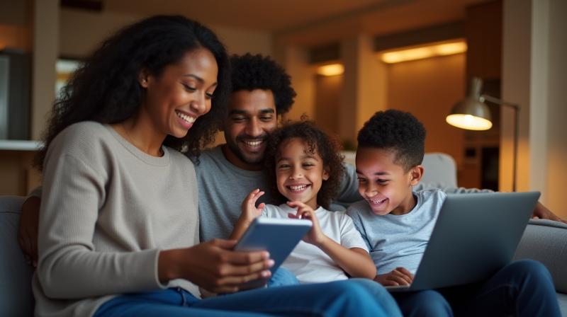 Famiglia che usa internet a casa con laptop e tablet